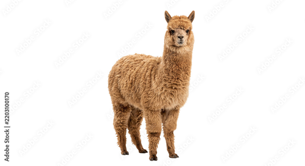 Naklejka premium Full body portrait of a fluffy brown alpaca standing isolated against a clean white background