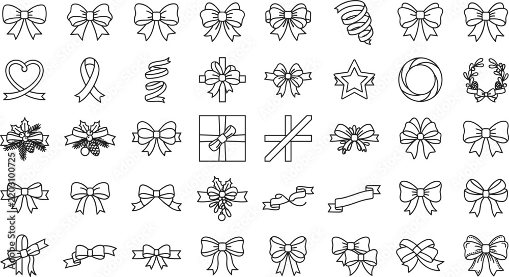 Obraz premium Christmas Bow and Ribbon Collection with Gift Wrapping Bows, Decorative Ribbons, Ornaments, Garlands and Festive Line Art Illustrations
