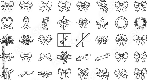 Christmas Bow and Ribbon Collection with Gift Wrapping Bows, Decorative Ribbons, Ornaments, Garlands and Festive Line Art Illustrations