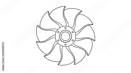 Black outline vector icon of a circular impeller with a set of curved blades around a bolted hub drawn with thin lines in symmetrical top view conveying clear steady mechanical motion
