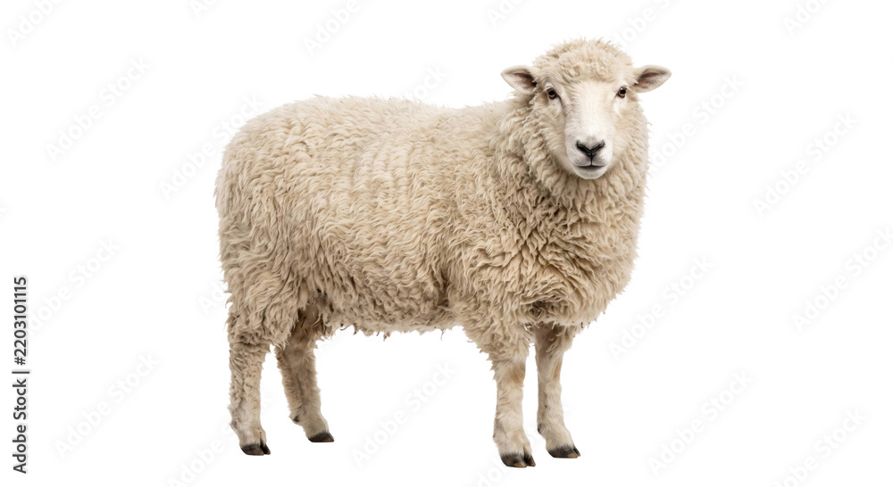 Obraz premium A fluffy white sheep standing isolated against a clean white background for studio photography