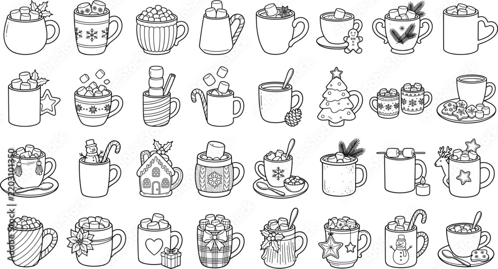 Fototapeta premium Hand Drawn Christmas Mug Collection with Hot Cocoa, Marshmallows, Candy Canes, Gingerbread, Snowman, Cookies and Festive Holiday Drinks Vector Set
