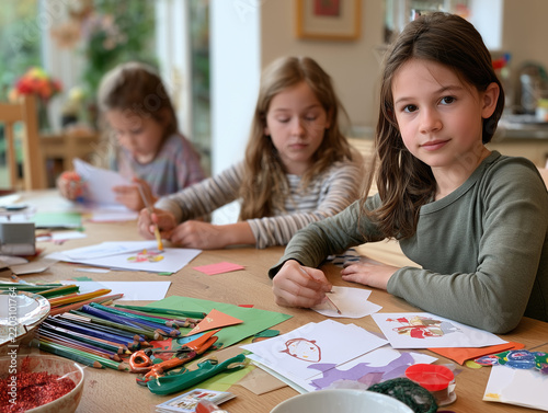 Young girls enjoying creative arts and crafts activity