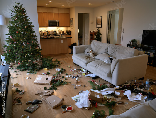 Messy living room after christmas holiday celebration party