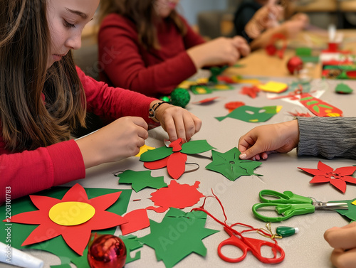 Children making christmas crafts with paper and scissors