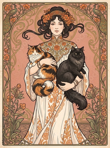 Beautiful art nouveau woman wearing elegant floral attire and holding fluffy calico and black cats within a decorative frame featuring peacocks and soft pink vintage tones