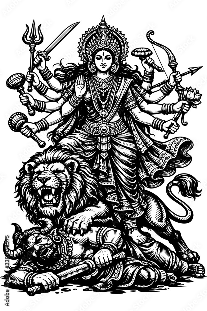 Fototapeta premium Maa Durga Fighting Mahishasura Demon with Lion Monochrome Vector Art