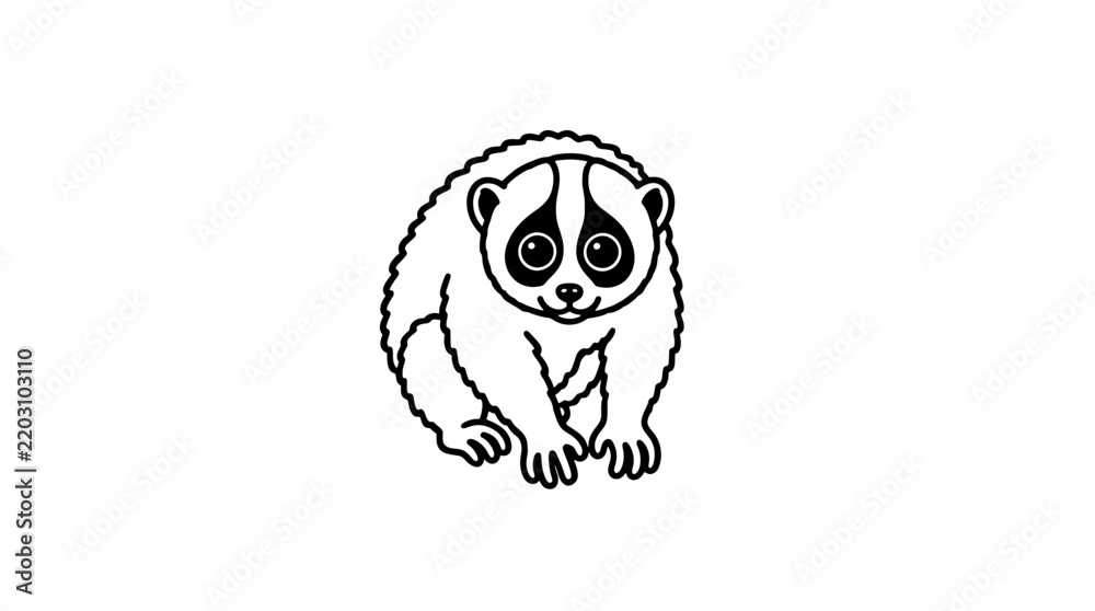Obraz premium Black line art illustration of a compact crouching slow loris with large round eyes dark facial mask small ears and dense scalloped fur texture drawn in medium lines centered frontally