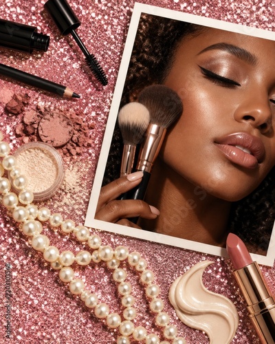 Makeup Application With Tools and Beauty Items Displayed on a Pink Glitter Su...