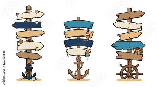Vintage coastal wooden directional signpost vector, rustic hand-painted arrow boards, nautical typography and distressed wood texture for nostalgic seaside travel and beach-town designs
