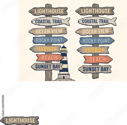 Vintage coastal wooden directional signpost with classic striped lighthouse, hand-lettered seaside signs and nostalgic nautical travel elements for retro beach town designs