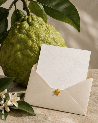 Bright Green Fruit and an Envelope With a Blank Card on a Table