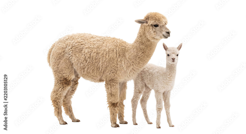 Obraz premium A fluffy adult alpaca and its small cria standing together against a clean white background