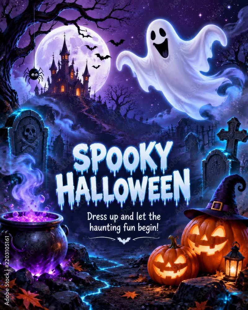 Fototapeta premium Spooky Halloween Fun With Ghosts, Pumpkins, and a Haunted Castle at Night