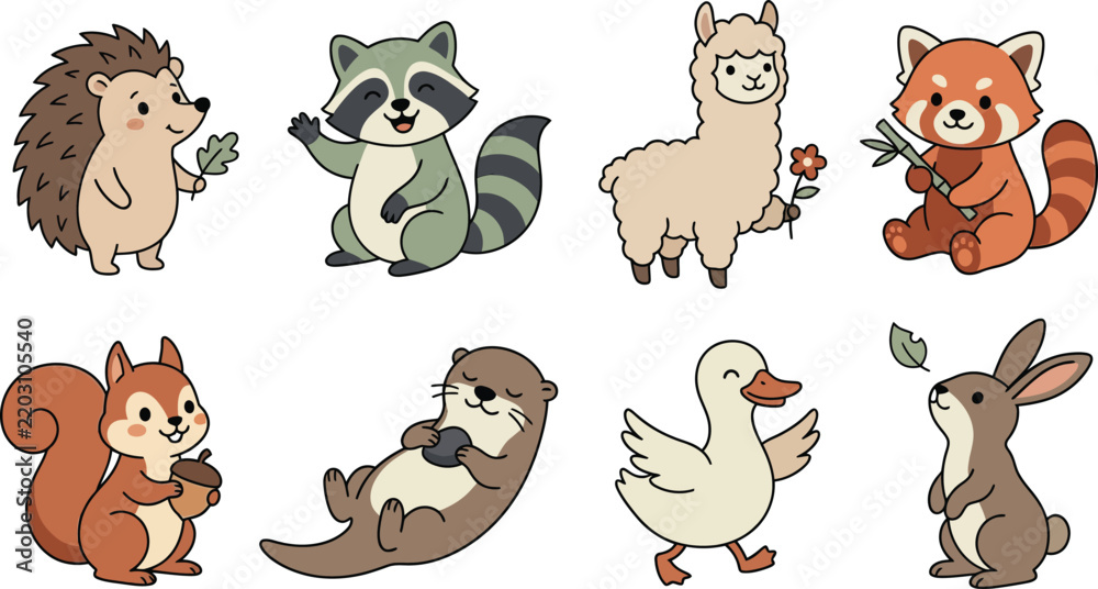Obraz premium Cute cartoon animals collection: hedgehog, raccoon, llama, red panda