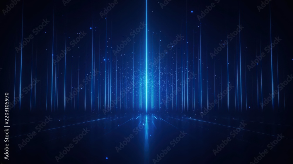 Fototapeta premium Abstract blue light streaks rising from a dark digital floor with floating particles. Perfect for futuristic technology backgrounds and data visualization concepts.