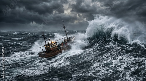 A fishing boat battles massive stormy waves under a dramatic dark sky, illustrating resilience, danger, and the power of nature at sea
