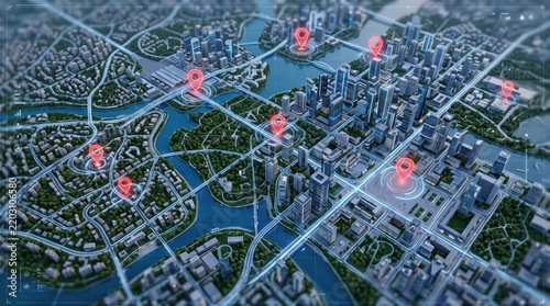 Futuristic digital city map visualization with red location pins and glowing data lines, representing smart city navigation and urban planning, global connectivity, technology network