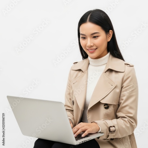 Young woman in professional attire working on laptop