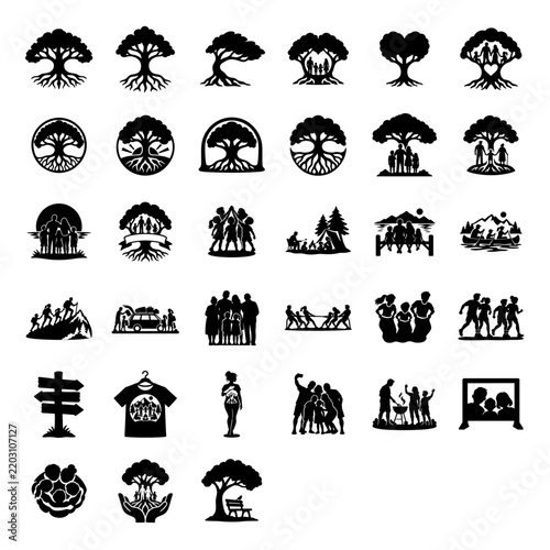 Family reunion silhouette icon set with tree and outdoor activities