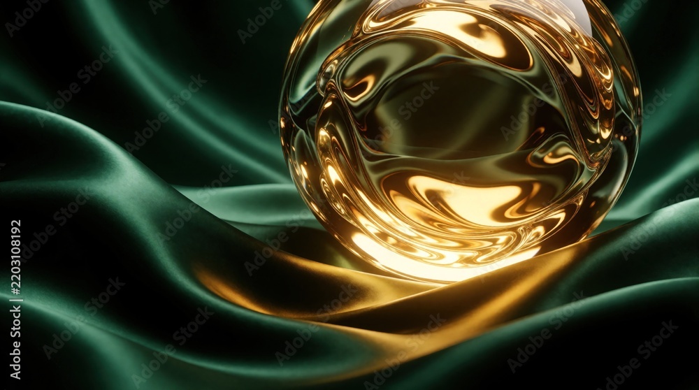 Obraz premium Golden abstract orb floats on draped emerald fabric. Shiny sphere reflects warm light. Fluid curves form glass like ball. Smooth texture contrasts with reflective surface. Luxury and mystery combined.