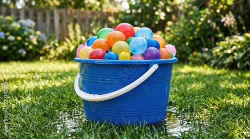 A blue bucket overflowing with colorful water balloons sitting on green grass, ready for a fun summer outdoor activity, perfect for family playtime.