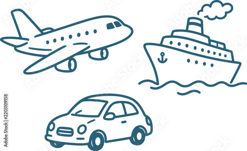 Set of hand-drawn transportation icons including airplane car and cruise ship simple vector illustration for travel and logistics concepts