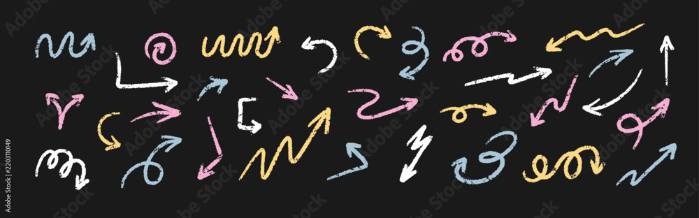 Fototapeta premium Arrow brush chalk set on blackboard. Doodle element with scribble. Hand drawn stroke with wax effect. Vector illustration.