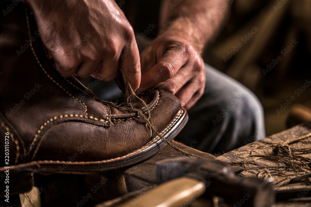 Obraz premium Shoemaker Hammering a Handcrafted Leather Work Boot