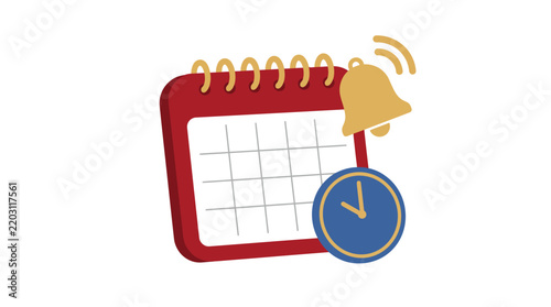 Red calendar icon featuring golden notification bell and blue clock for important business deadline date tracking