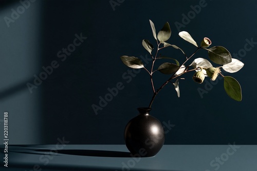 Silver Eucalyptus Branch in Black Vase on Dark Teal Background