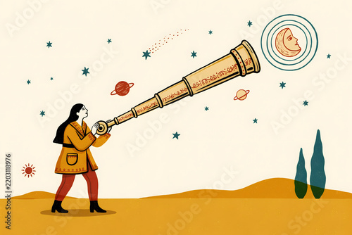 A woman in a yellow coat uses a long telescope to observe a crescent moon with a face, stars, and planets in a flat, minimalist style