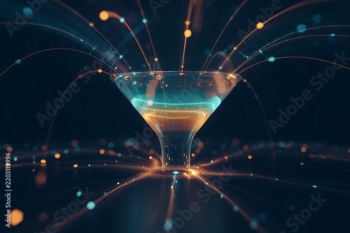Abstract digital funnel with glowing particles and dark background illumination