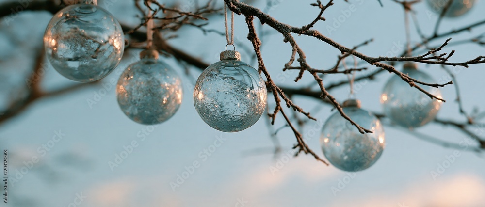 Obraz premium Crystal Christmas Ornaments Hanging from Snow-Dusted Branches