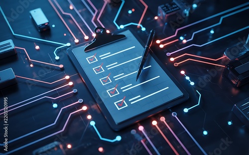Digital checklist on a circuit board with glowing neon lines