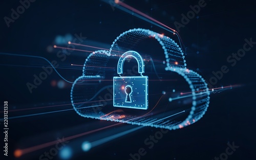Secure cloud computing with a glowing padlock and digital network lines