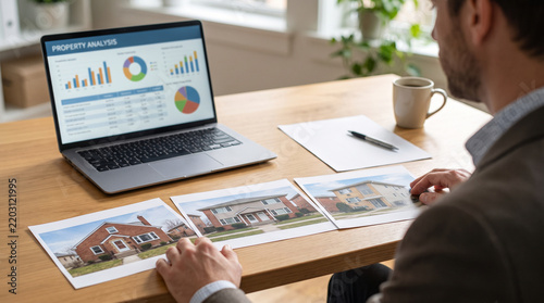 Real estate investor comparing residential property photos on a desk with laptop analysis