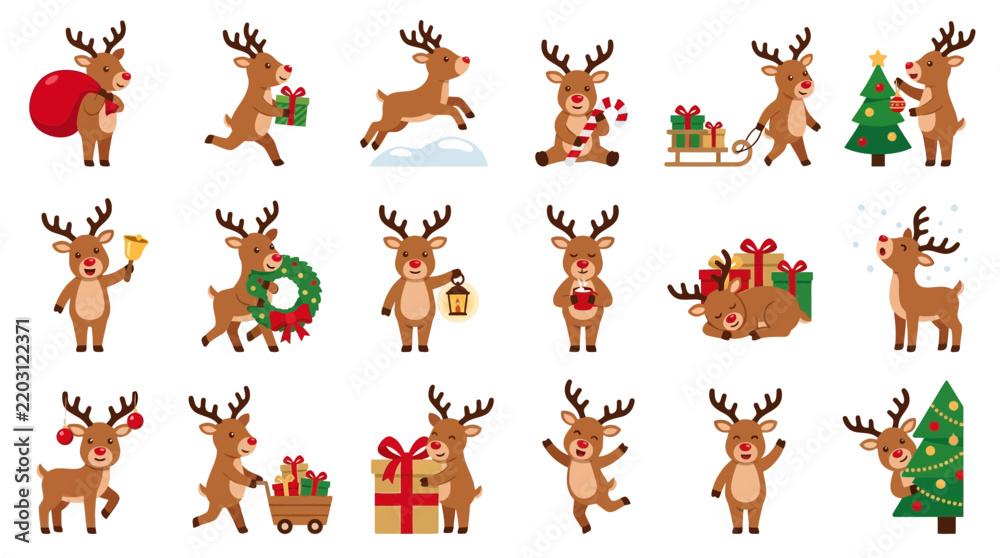 Obraz premium Cute Reindeer Characters Set for Christmas Celebration