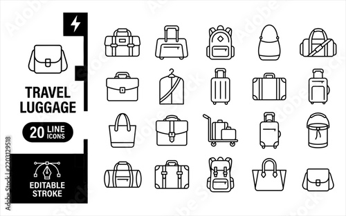 Travel luggage black line icon set provides a variety of bags and cases for all travel preferences.