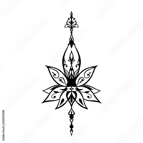 Ornamental lotus tattoo design with filigree details in black line art style, transparent background