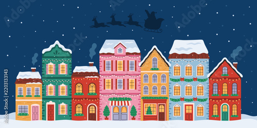 Festive Christmas winter street with decorated houses, ornaments, garlands. Cozy holiday town with Christmas decorations and Santa Claus flying overhead in a sleigh. Flat vector illustration