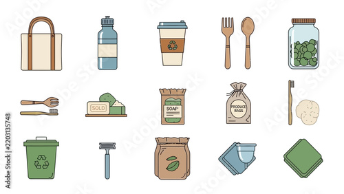 Eco-friendly products illustration set, sustainable living icons, isolated on transparent background