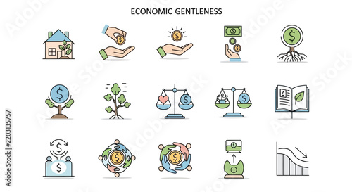 Economic Gentleness: Financial Growth, Investment, Savings, Balance, and Sustainability Icons Set