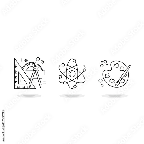 Education Icons: Math, Science, Art - Isolated Symbols on Transparent Background