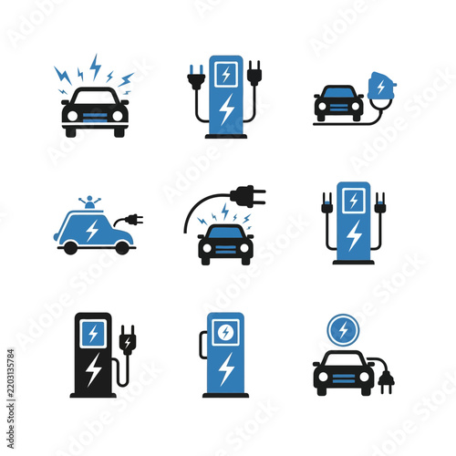 Electric Car Charging Station Icons - Vector Set
