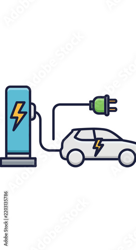 Electric car charging station, modern ev with power plug connected, clean energy concept