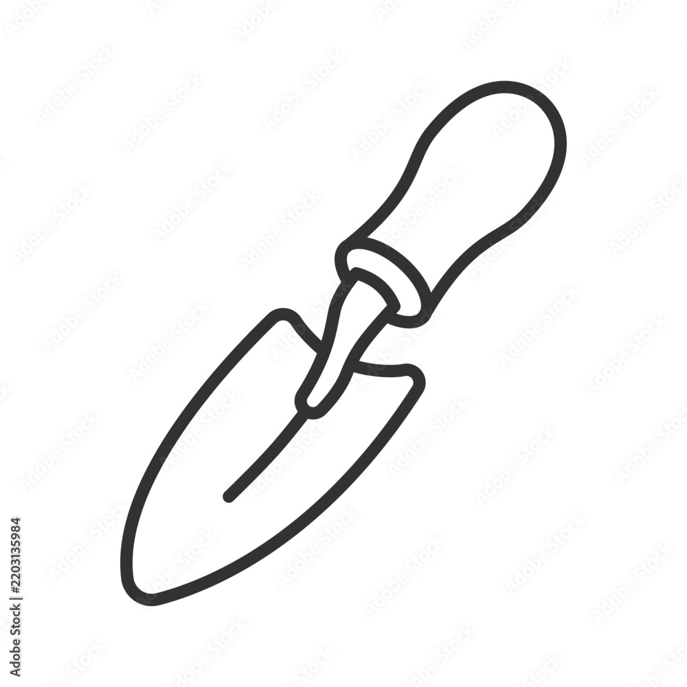 Fototapeta premium Garden trowel hand shovel, icon in line design. garden trowel, hand shovel, gardener trowel, planting tool on white background vector. Editable stroke icon.