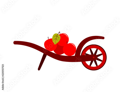 Wooden wheelbarrow filled with ripe red apples, autumn harvest vector illustration isolated on white background