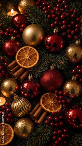 Red and gold Christmas ornaments with dried orange and pine