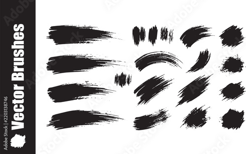 Black grunge brush strokes, ink stain and dry paint vector set